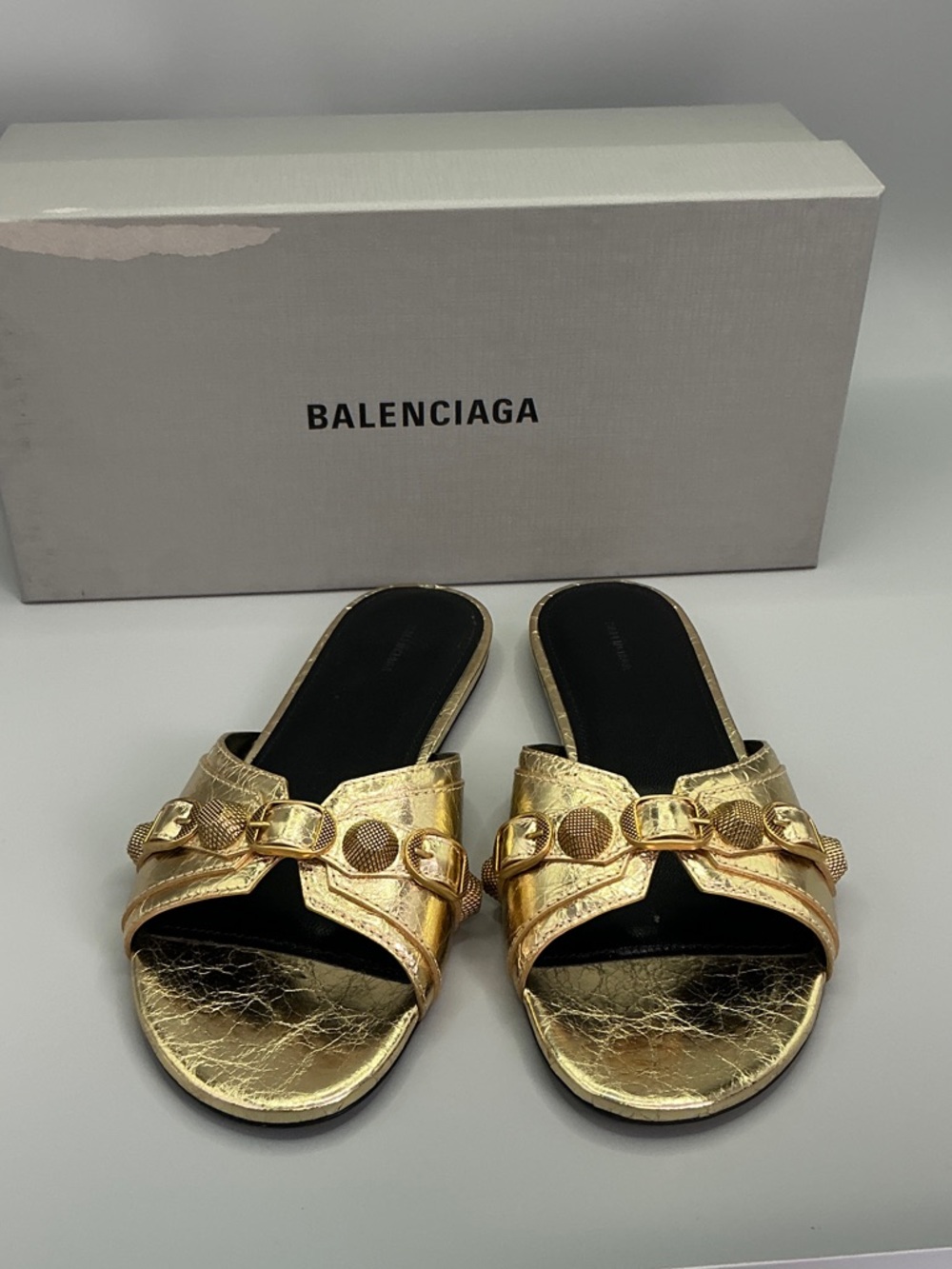 NWT Balenciaga Metallic Gold Leather Cagol Slide Mules size 38 fit 8US